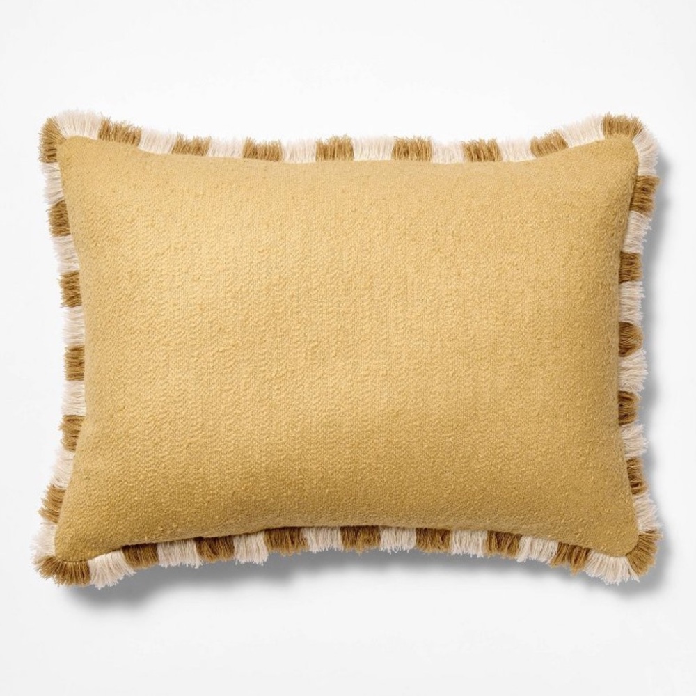 NEW Threshold Studio McGee Gold Texture Tan Lumbar Throw Pillow w/Stripe Fringe